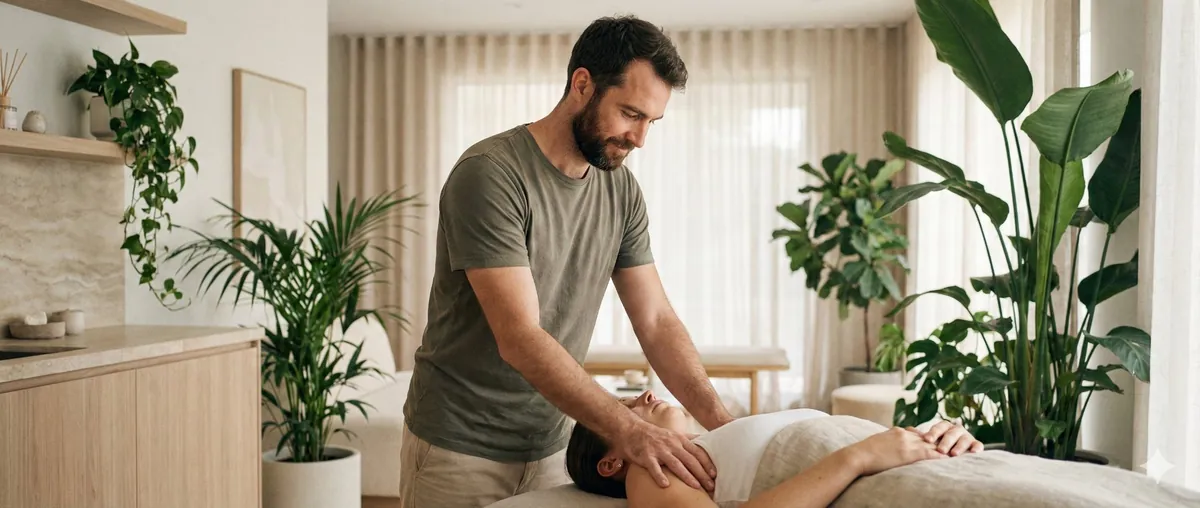 Ostéopathe à Valence réalisant une manipulation cervicale douce dans un cabinet lumineux et moderne