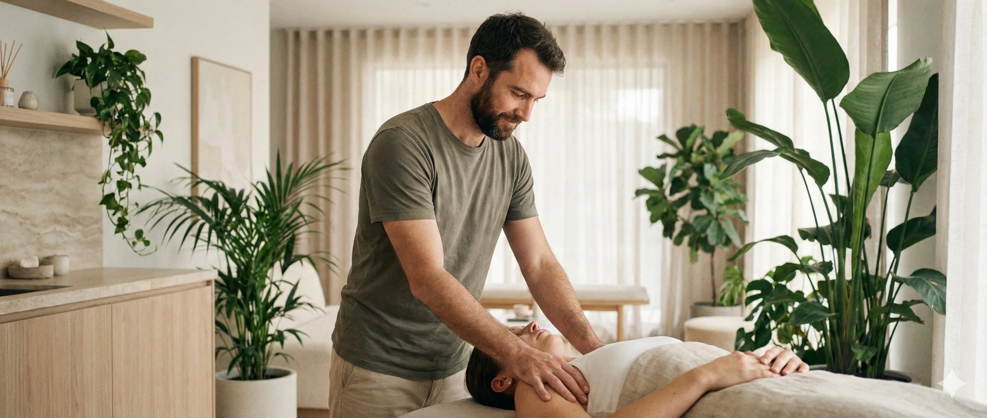 Ostéopathe à Valence réalisant une manipulation cervicale douce dans un cabinet lumineux et moderne